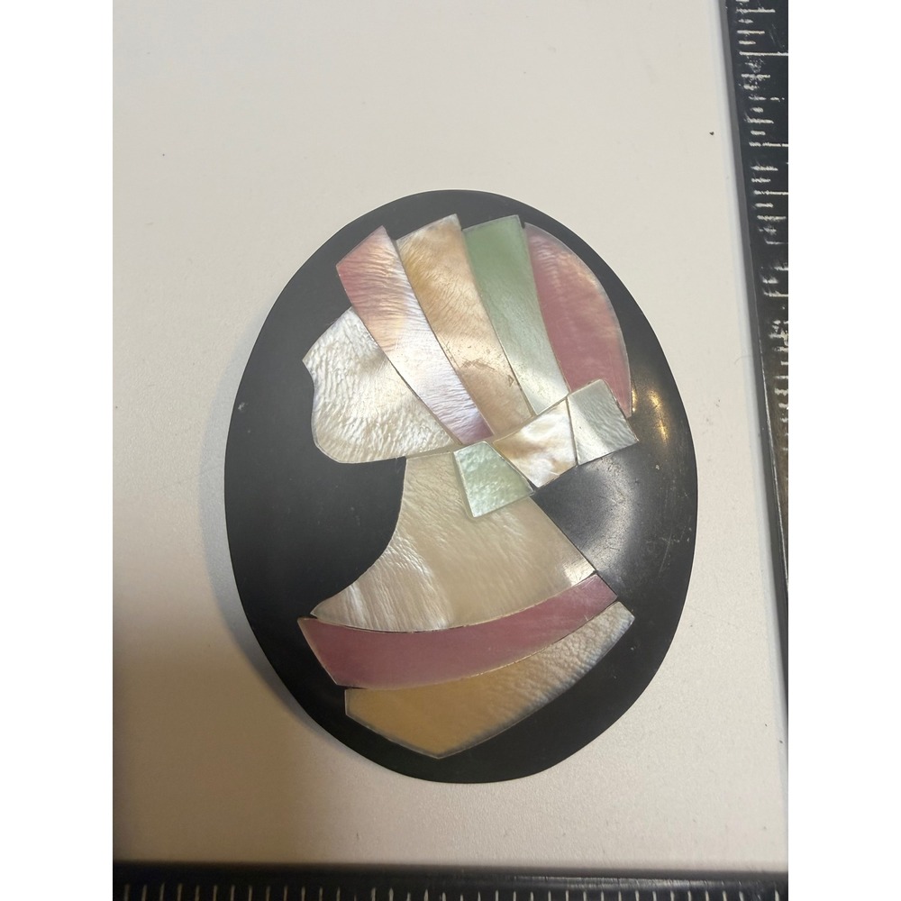Art Deco Mother of Pearl Mosaic Cameo Brooch Black Oval Shell Inlay Pin
